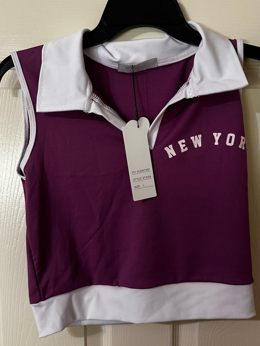 Sleeveless Purple Polo Crop Top with White Trim - New York Print